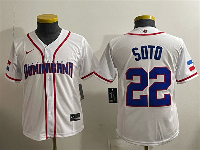 Youth Dominican Republic Baseball #22 Juan Soto White 2026 World Baseball Classic Home Stadium Stitched Baseball Jersey